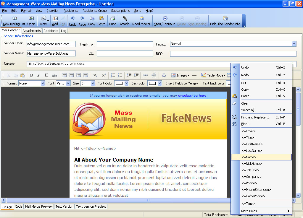 Mass Mailing News Free Edition Screenshot